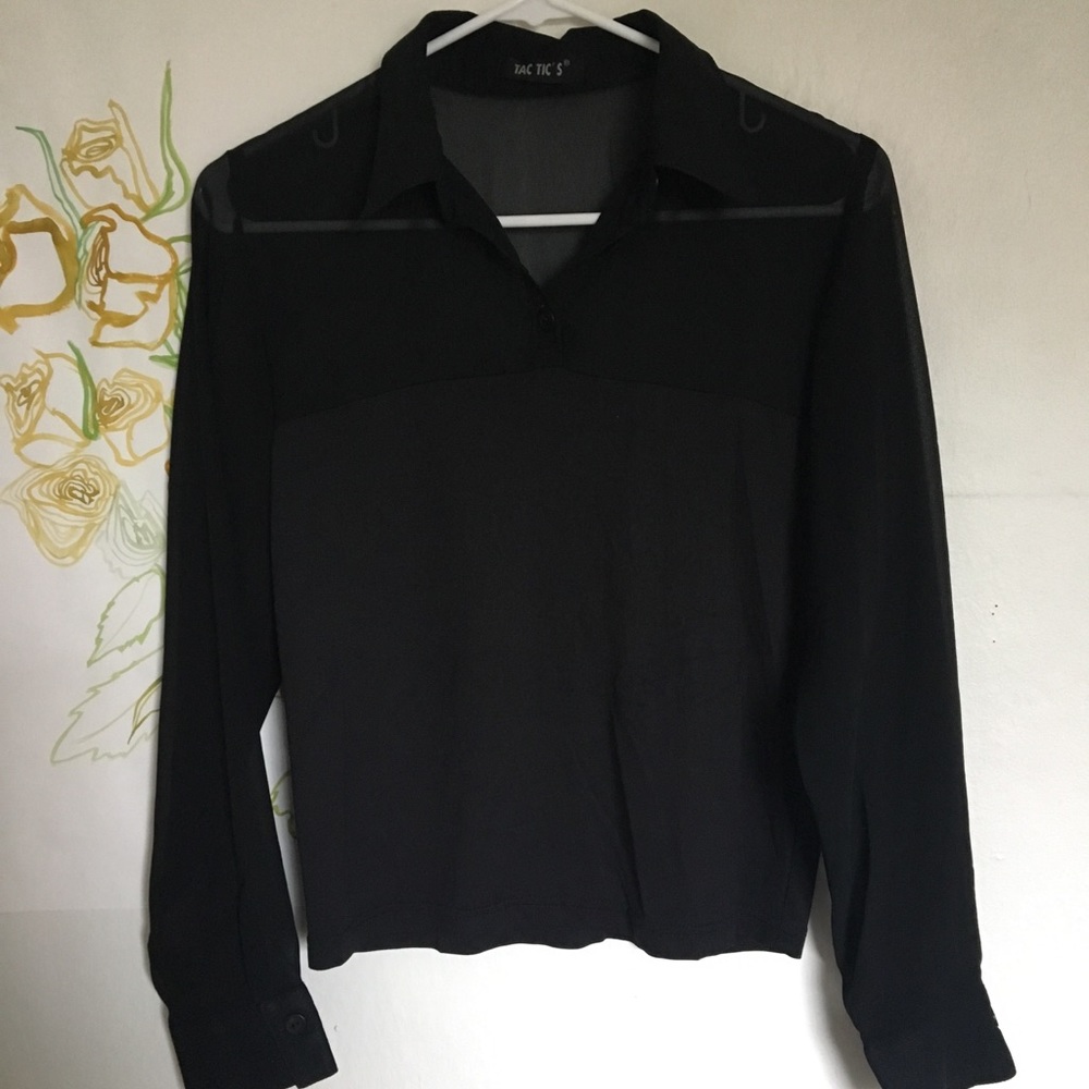 VINTAGE Sheer black collared blouse 90s